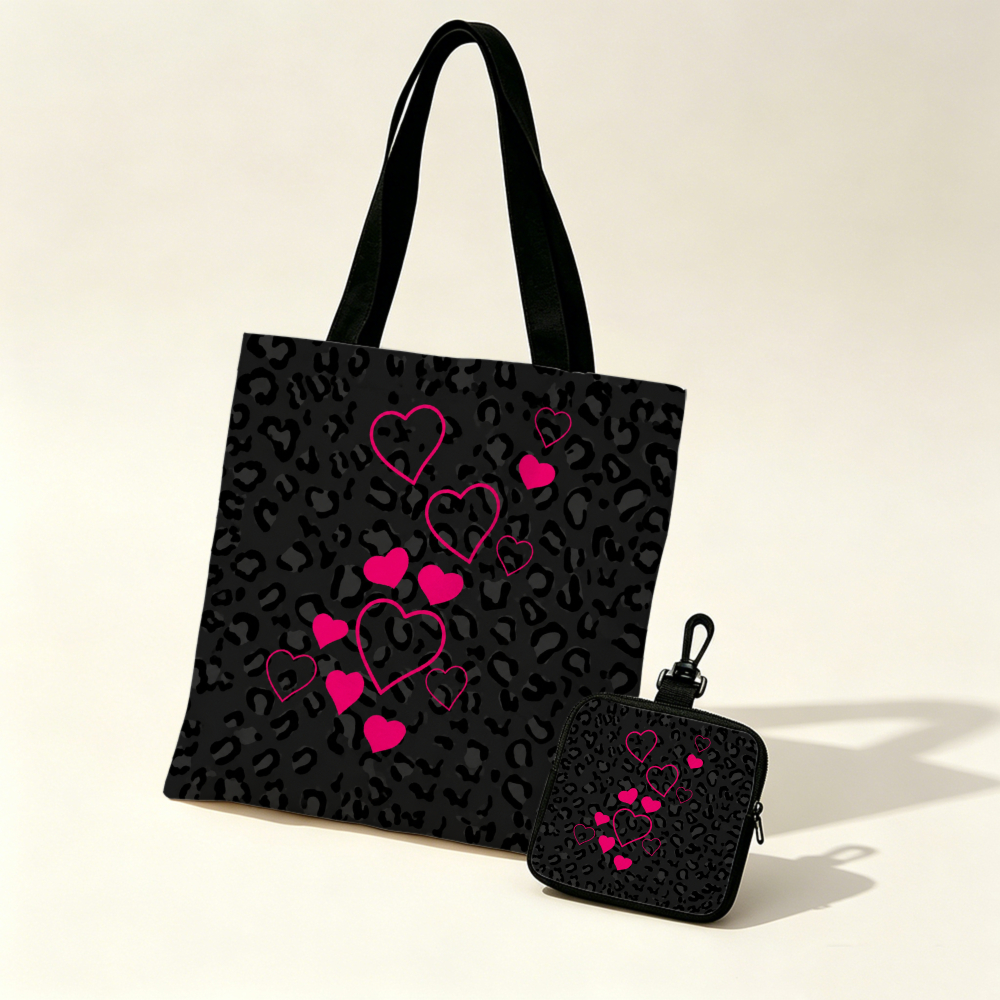 Women Bags For Gift - Black Leopard Print Pink Hearts Tote